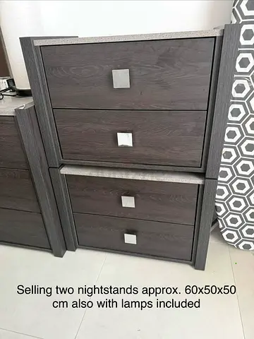 Set of 2 Dark Wood Nightstands with Lamps - 60x50x50 cm (Approx)
