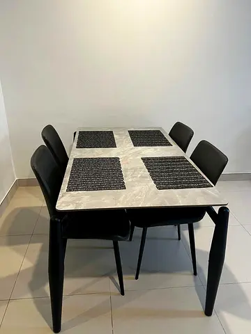 Modern Gray Marble-Top Dining Table with 4 Black Chairs