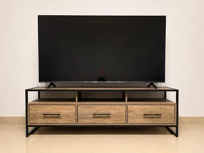 TV Console with 3 Drawers and 3 Open Shelves - Wooden with Solid Metal Frame