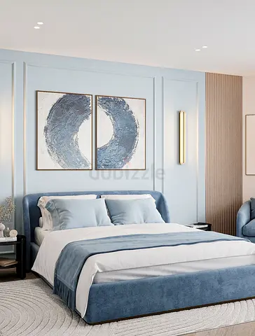 Blue upholstered Queen bed with headboard -