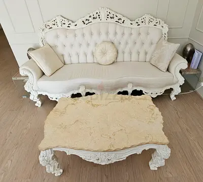 Antique-style carved white 3 seater sofa with 2 matching coffee table and  2 single Seaters