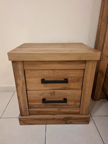 Solid Wood-Effect Nightstand with Two Drawers — Light Oak Finish