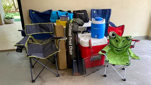 Lot of Folding Camping Chairs + Coolers and Accessories - Used (tent for 8, compressor, lamp….