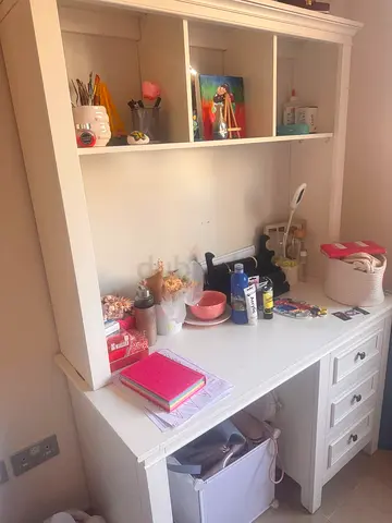 White Wooden Desk with Hutch and Drawers - Good Condition