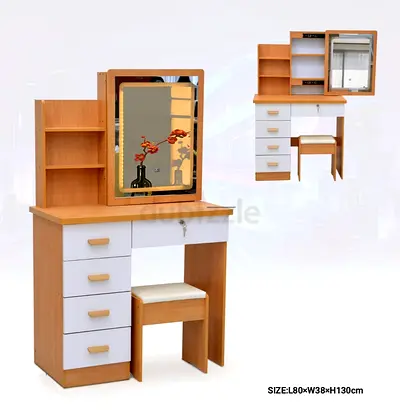 Compact Wooden Dressing Table with Mirror and Stool - Light Oak/White