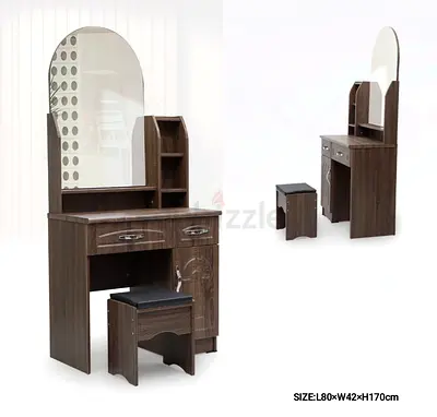 Wooden Dressing Table with Mirror and Stool - Dark Oak, 80x42x170cm