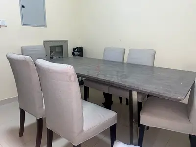 6-Seater Modern Dining Table with Upholstered Chairs - Grey Top