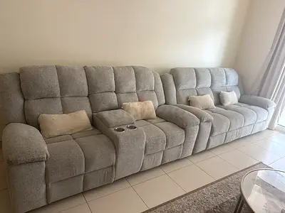 Large 5-Seater Grey Fabric Recliner Sofa with Cup Holders, in mint condition for urgent sale