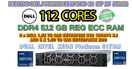 112 CORE+512GB RAM-DELL POWER EDGE R740XD 28SFF-2 XEON PLATINIUM 8173M-3X1.92 TB SAS SSD-5 X 1.20 TB
