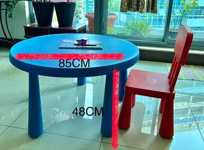 Kids Plastic Table and Chair Set - Blue Round Table (85cm) with Red Chair