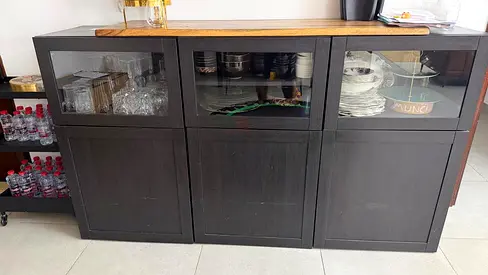IKEA dark wood three-section sideboard / display cabinet, good condition