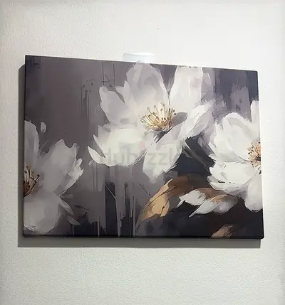 Small Floral Canvas Wall Art - White Blossoms on Grey Background