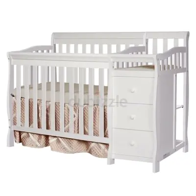 White Wooden Baby Crib with Attached Dresser - Good Condition