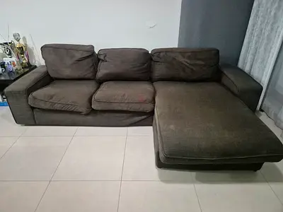 3-seater L-shaped brown fabric sofa with chaise (good condition)