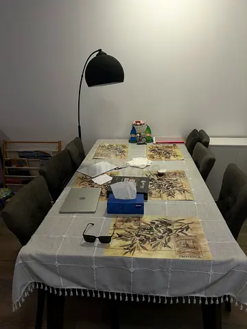 Dining table with 6 chairs and lamp - good condition