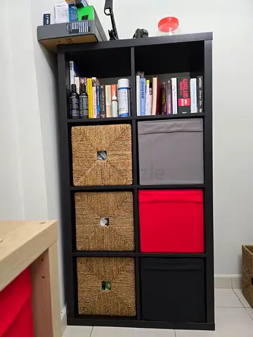 IKEA Kallax-style 9-cube shelving unit dark brown/black, boxes are not included
