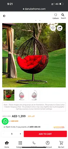 Hanging Egg Chair swing  with Stand - Rattan Style, Red Cushion