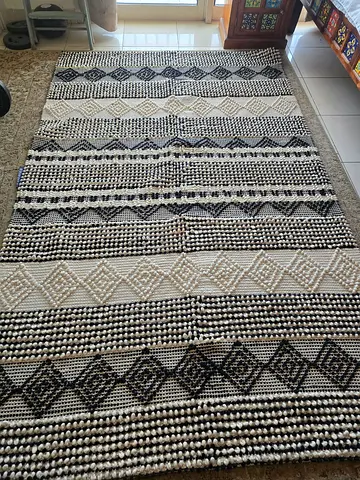 Large Handwoven Black  Cream Textured Boho Rug | Geometric Tribal Pattern