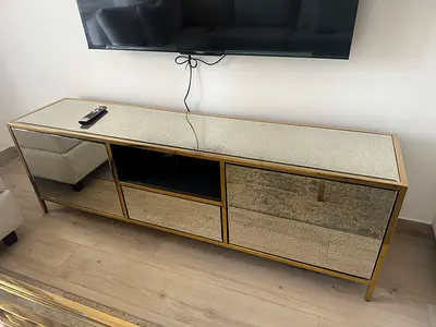 Gold mirrored TV console / media cabinet - 3 drawers, glass top