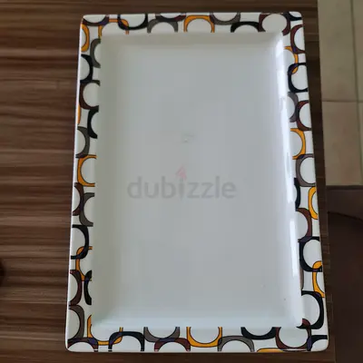 Set of 4 Ceramic Rectangular Serving Tray with Geometric Border