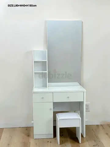 White Dressing Table with Mirror and Stool - Compact Vanity (80x40x180cm)