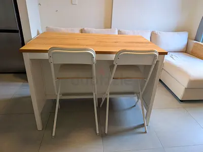 Solid Wood Kitchen Island/Bar Table with 2 Folding Stools - Light Oak Top