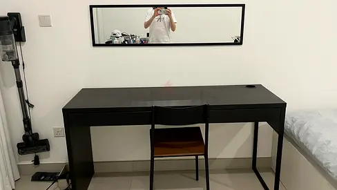 Black minimalist desk with chair, mirror – good condition