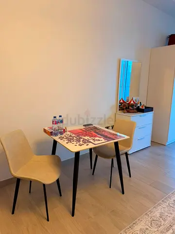 Compact dining set with 2 chairs - beige  black legs