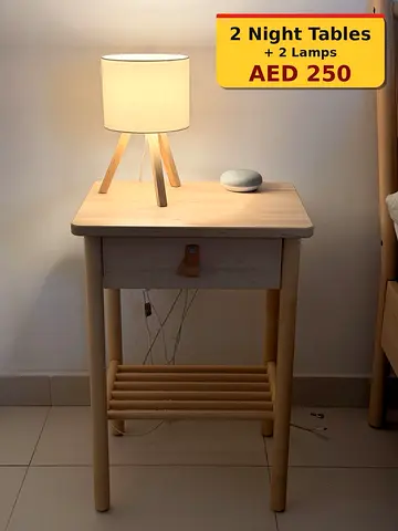 Set of 2 Wooden Night Tables with 2 Lamps - Light Pine Finish