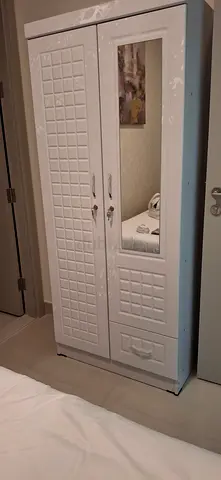 White 2-Door Wardrobe with Mirror — Good Condition