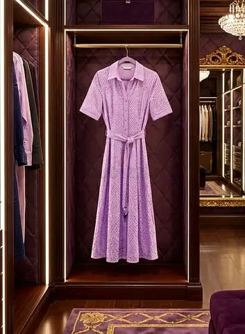 Lilac Eyelet Midi Shirt Dress with Tie Belt