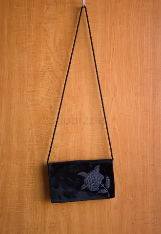 Black Beaded Flower Suede Clutch Bag