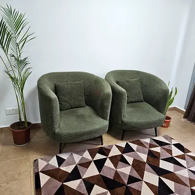 Pair of green boucle lounge chairs /Sofa— excellent condition