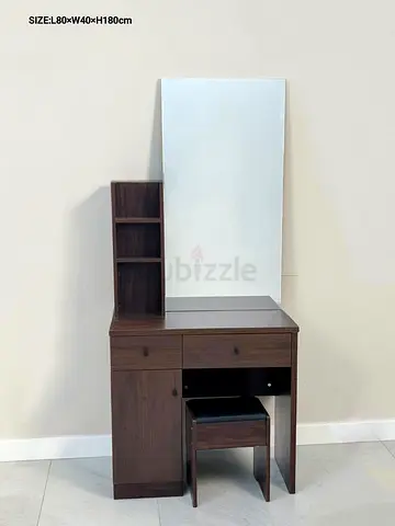 Wooden Dressing Table with Mirror and Stool - Dark Brown, Good Condition