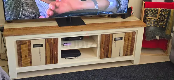 Wooden TV Unit / Entertainment Console - White with Rustic Doors