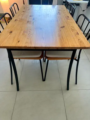 Solid Wood Dining Table with 4 Metal-Leg Chairs - Light Oak with a side wooden storage bench