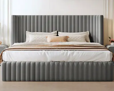 Modern Grey Upholstered King Bed with Vertical Channel Tufting