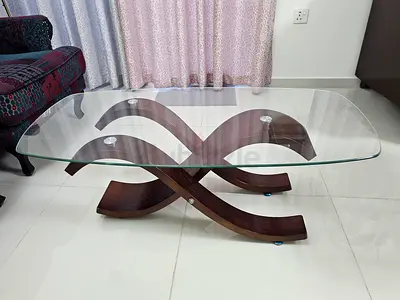 Glass Top Coffee Table with Curved Wooden Base (Dark Wood)