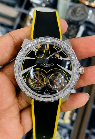 Jacob  Co. Batman Tourbillon Watch with Diamond Bezel, Black  Yellow Strap Atometic