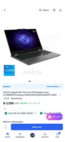 Lenovo LOQ 15 (15.6 FHD, Intel i5-12600HX, 16GB RAM, 512GB SSD, RTX 3050)