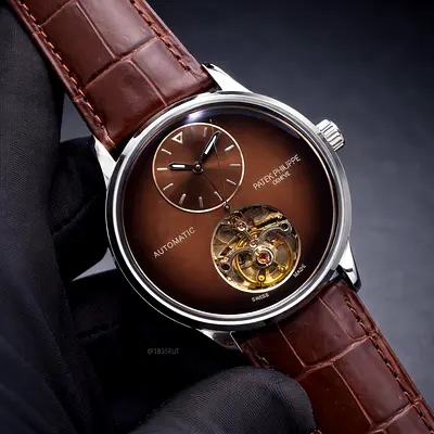 Patek Philippe Automatic Mens Watch with Brown Sunburst Dial and Open Heart