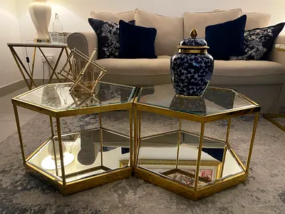 Set of two gold hexagonal glass coffee tables - used