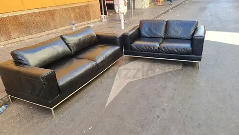 Black Leather 2-Piece Sofa Set with Metal Legs — Good Condition 3+2 set