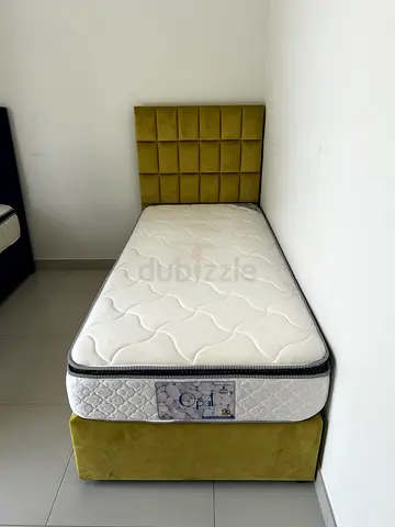 Single bed frame with mattress - yellow upholstered headboard