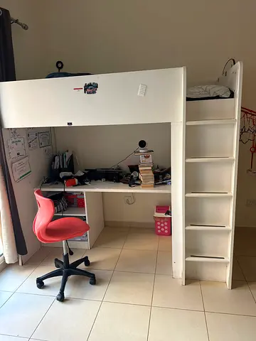 White loft bed with built-in desk and shelves — good condition