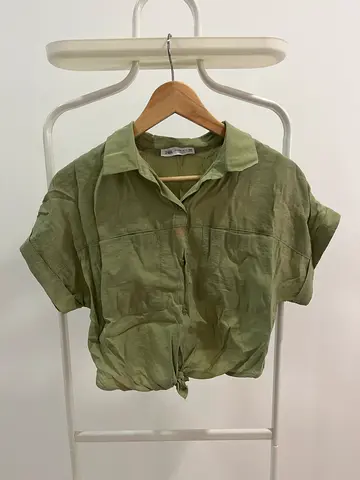 Zara Light Olive Green Linen Button-Up Shirt, Size 13-14