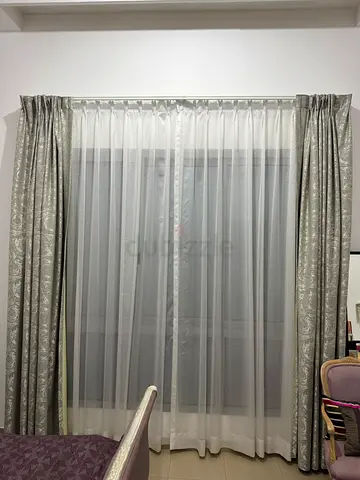 Set of Silver Patterned Curtains with Sheer Panels - Good Condition