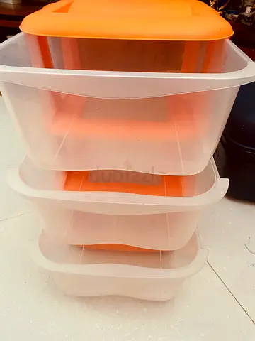 Stackable Plastic Storage Drawers (3-tier) with Orange Lids