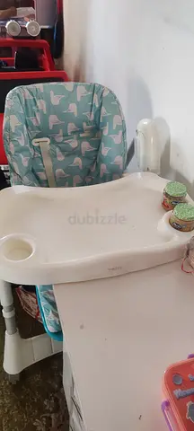 Used Junior High Chair with double Detachable Tray - Light Blue Pattern
