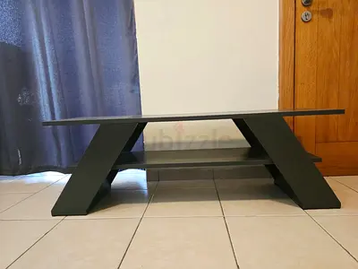 Modern low-profile black coffee table with shelf